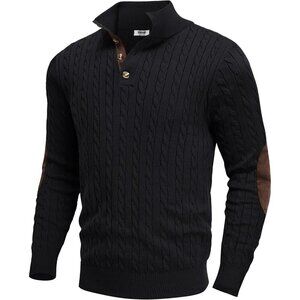 Men's Cable Knitted Pullover Sweaters Long Sleeve Stand Collar Button Up Black